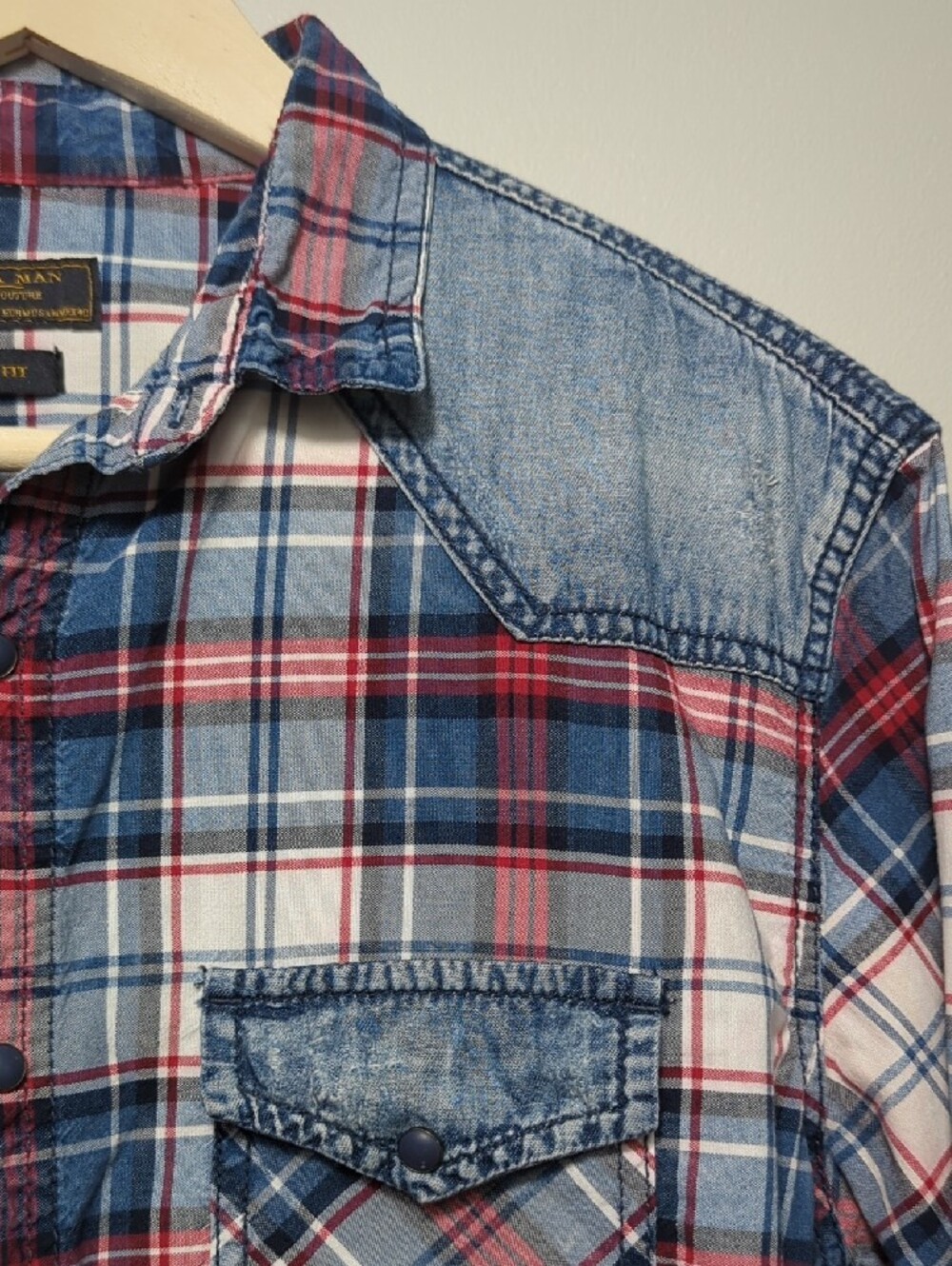 Zara Man‎ Slim Fit Plaid Button-Up Shirt Denim Red White Blue 4th of July SM/MED - Picture 7 of 16